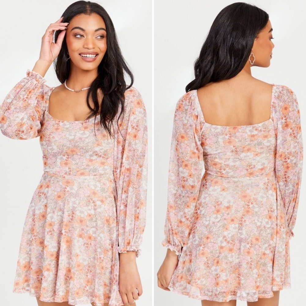 ALTAR’D STARE Olivia Long Sleeve Mesh Mini Dress in Blush Rust Floral Size S